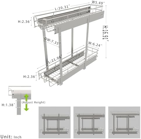 EZKAZA Pull Out Cabinet Organizer 7.5" W x 21" D, 2-Tier Kitchen Cabinet Pullout Shelf and Drawer Organizer Slide Out Pantry Storage Basket, 6.2" W x 21" D x 2.4" H for Bottom Basket Size - Image 3