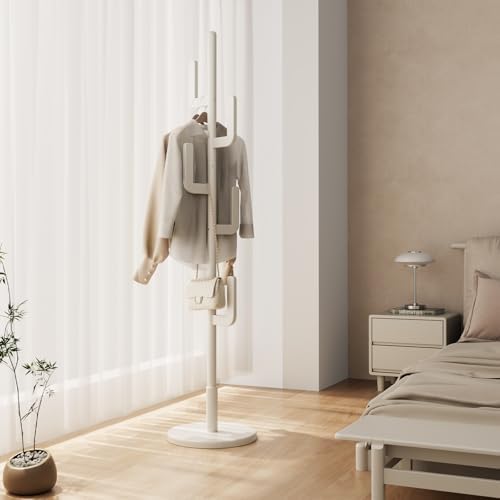 Muwuele Solid Wood Cactus Coat Rack, Freestanding Coat Rack With 6 L-Shaped Hooks and 3 Adjustable Sizes, Coat Tree for Bedroom, Entryway, Livingroom, Coat Hanger Stand for Coats, Handbags (White) - Image 2