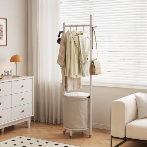 CycleCrew Solid Wood Coat Rack with Fabric Basket - Freestanding Coat Rack Rolling Coat Tree with 9 Hooks Wheels, Small Clothes Rack For Entryway Bedroom Hallway Living Room - Image 4
