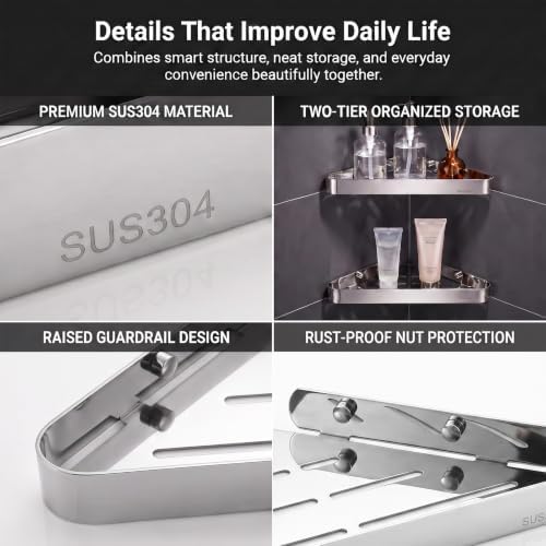 PureBox 2-Pack Corner Shower Caddy, SUS304 Stainless Steel Heavy Duty Wall Shelf, No-Drill Adhesive OR Screw Mount, 11.8" Rustproof Bathroom Organizer for Shower Kitchen RV Dorm - Image 3