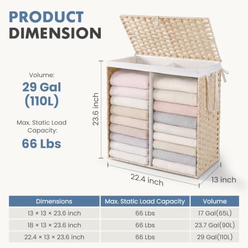 DUMOS Laundry Basket with Lid, 110L Wicker Laundry Hampers, Summer Sand - Image 5