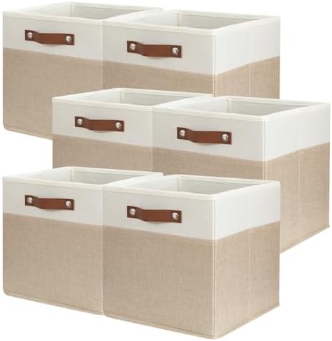 SNWDN 6 Pack Collapsible Fabric Storage Baskets with Handles (White/Beige 11x11x11 Inches) by Unknown