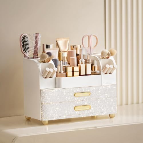 HBlife Makeup Organizer for Vanity with Brush Holder, Large Bathroom Countertop Cosmetic Organizer Skin Care Storage, Easy to Store Nail Polishes, Perfumes, Eyeshadow Palettes, Pearl All White - Image 2