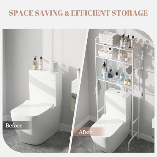 STDDRE 3-Tier Over The Toilet Storage Space Saver with Paper Holder Freestanding Rack Metal Bathroom Shelves with Hooks Above The Toilet Storage Shelf (White, 3 Tier) - Image 7