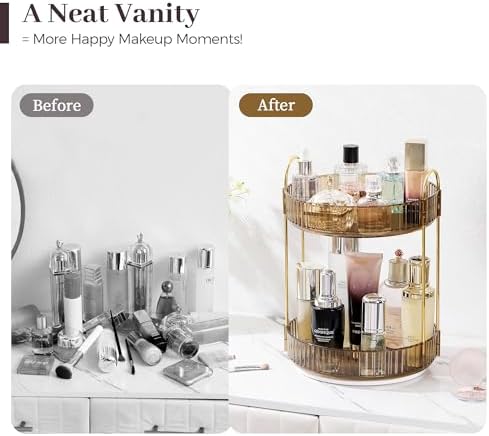Aveniee 360 Rotating Makeup Organizer for Vanity, Perfume Sincare Organizers Bathroom Countertop Storage, Clear Cosmetics Lipstick Holder for Dresser,2 Tiers, Brown - Image 4