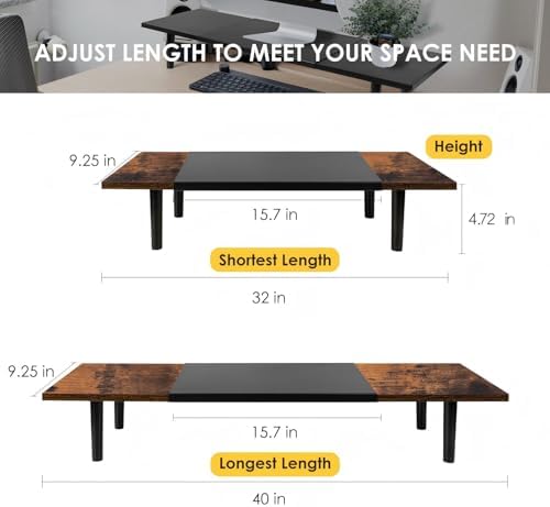 Across-Star Dual-Monitor-Stand-Riser-For-Desk Adjustable Length 32-40 Inch，Large Desktop Computer Monitor Riser For 2 Screens，Desk Shelf Organizer Riser Stand For Computer/Laptop/PC/Printer/TV Black - Image 3