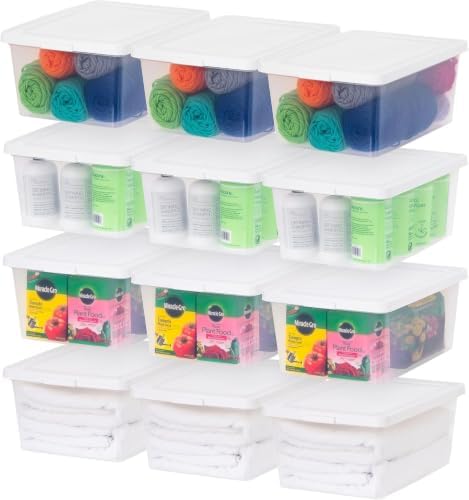 IRIS USA 12-Pack 17 Qt Storage Bins with Lids, Stackable Box, Clear/White by IRISUSA