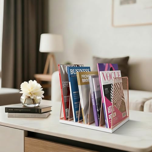 LEKETREE Rose Gold Desk File Organizer, 5-Section Upright File Sorter, Vertical File Folder Holder, Mesh Metal Wood Office Desktop Organization for Document, Magazine, Books and more (Rose Gold) - Image 3