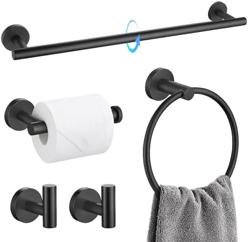TQKAG Matte Black Bathroom Hardware Set 5 Pieces, SUS304 Stainless Steel Towel Bar Set Round Bathroom Towel Rack Set Wall Mounted by TQKAG