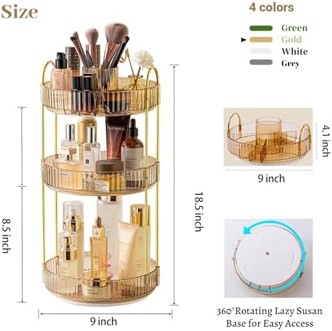 Aveniee 360° Rotating Makeup Organizer for Vanity, Upagraded Perfume Skincare Bathroom Counter Organizers with Brush Divider, 3 Tier Spinning Lipstick Cosmetic Lotion Storage,Gold - Image 3