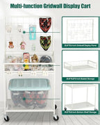 AHOWPD Grid Wall Panels Display Cart - Rolling Heavy Duty Metal Wire Grid Wall Display Stand Rack with 10 Hooks & 10 S Hooks for Craft Shows, Retail Art Fair and Flea Market (White Cart, 1 pc) - Image 4