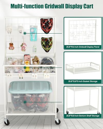 AHOWPD Grid Wall Panels Display Cart - Rolling Heavy Duty Metal Wire Grid Wall Display Stand Rack with 10 Hooks & 10 S Hooks for Craft Shows, Retail Art Fair and Flea Market (White Cart, 1 pc) - Image 4