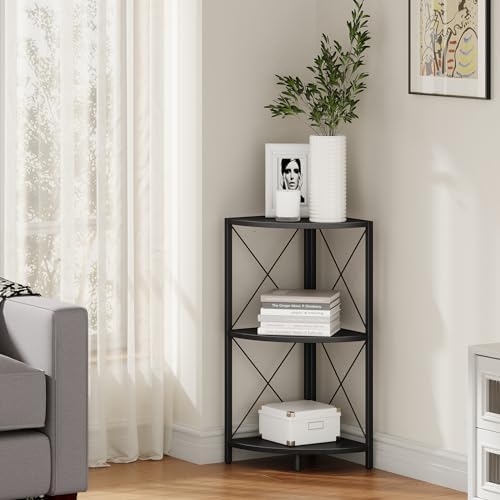 Snughome Corner Shelf with Metal Frame, 3 Tier Corner Storage Organizer, Freestanding Corner Bookshelf Stand Display Rack for Kitchen, Living Room, Black - Image 2