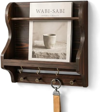 Pine Wood Mail Organizer Wall Mount with 7 Hooks Entryway, Vintage Brown by REBEEVISION