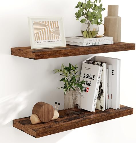 Fun Memories 32" W x 9.3" D Floating Shelves, Rustic Wood Deep Shelves for Bedroom, Kitchen, Living Room, Long Floating Shelf for Wall, Storage Display Wall Shelf for Books Decor, Rustic Brown by FunMemories