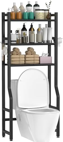 Livilord 3 Tier Over The Toilet Storage Rack with Toilet Paper Holder, Metal Freestanding Bathroom Shelves with 4 Hooks, Over Toilet Storage Shelf for Bathroom Storage, Black by LivilordBrand