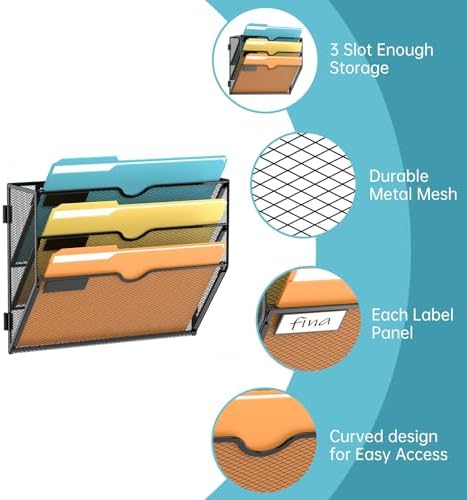 SUPEASY 3 Tier Wall File Organizer, Hanging Wall Mounted Mail Organizer with Label Slots, Metal Mesh File Holder Magazine Rack for Office, Home, School or Classroom, Black, 2Pack - Image 3