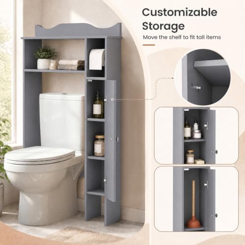 Giantex Over-The-Toilet Storage Cabinet, Bathroom Freestanding Space Saver with 1-Door Side Storage Cabinet & Paper Holder, Toilet Rack Organizer Stand for Bathroom Laundry (Gray) - Image 7