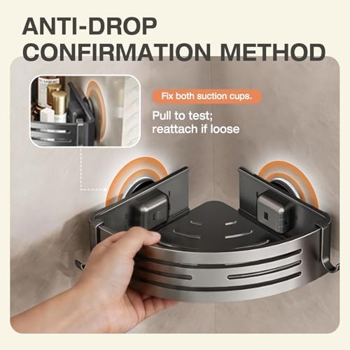 Lekesky Corner Shower Caddy Suction Cup, Corner Shower Shelf with Hooks, Bathroom Shelves No Drilling, Bathroom Organiser for Bathrooms Storage (Aluminum, 2-Pack, Gunmetal Grey) - Image 3