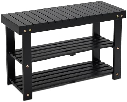 BEEFURNI Acacia Wooden Shoe Rack Bench for Entryway, 3-Tier, Black by BEEFURNI