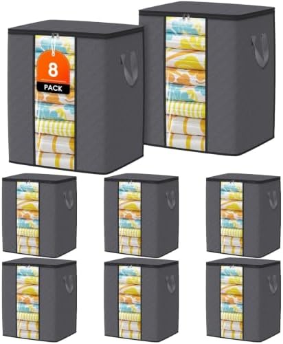 SpaceTrove Clothes Storage Bags, 8-Pack Comforter Blanket Organizers, 80L Large Capacity Containers with Visual Window for Clothing, Quilt, Sheet, Pillow, Closet Organization for Bedding (Grey) by Unknown