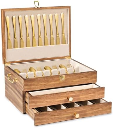 Silverware Storage Box, 3-Layer Flatware Storage Case with Drawer, Wooden Silverware Chest with Handle and Linen Liner, Rustic Silverware Case for Storing Fine Flatware and Utensils (Brown) by Yoimori