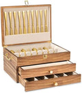 Silverware Storage Box, 3-Layer Flatware Storage Case with Drawer, Wooden Silverware Chest with Handle and Linen Liner, Rustic Silverware Case for Storing Fine Flatware and Utensils (Brown) by Yoimori