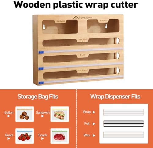 APSARAS USA 5 in 1 Bamboo Foil and Plastic Wrap Organizer for Kitchen Drawer, Ziplock Bag Organizer, Saran Wrap Dispenser with Cutter, Plastic Bag Organizer, Food Storage Bag Organization - Image 5