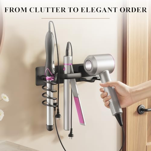 BSICPRO Hair Dryer Holder-3 in 1 Blow Dryer Holder-Metal Bathroom Hair Tool Organizer Wall Mounted-Bathroom Organizer for Hairdryer Curling Iron Flat Iron (Black) - Image 4