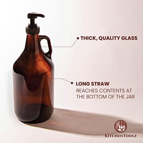 Half Gallon Glass Pump Dispenser Bottle, Large Jug with Pump for Laundry Soap Dispenser, Liquid Detergent, Fabric Softener, Syrup Pump - 64 oz Capacity - Amber Bottle- Pack of 2, by Kitchentoolz - Image 5