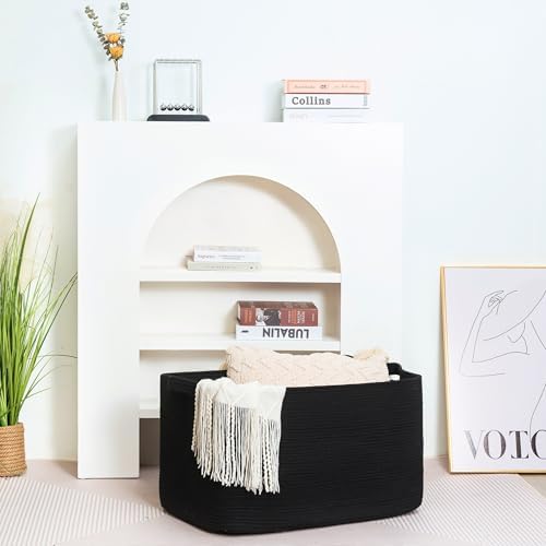 MINTWOOD Design 22in Extra Large Blanket Basket Holder Living Room, Rectangle Rope Woven Storage Basket with Handles for Laundry, Pool Towels, and Shoes, Dog Toy Organizer Bin Box, Full Black - Image 6
