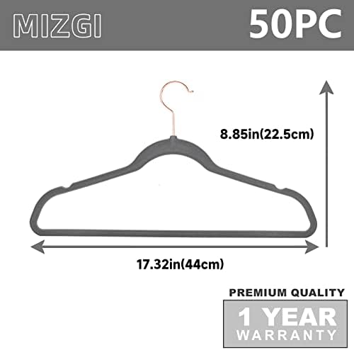 MIZGI Gray Velvet Hangers 50 Pack Non Slip Heavy Duty Rose Gold Hooks - Image 5