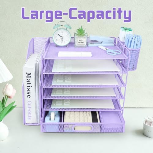Desk Organizers and Accessories with File Holder, 6-Tier Paper Letter Tray Organiser with Drawer and 2 Pen Holder, Mesh Desktop Document Organizer for Office Supplies, Workspace - Purple - Image 6