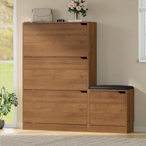 BORNOON Shoe Cabinet with Bench and 3 Flip Drawers, Slim Narrow Shoe Storage Cabinet, Freestanding Shoe Rack Organizer with Adjustable & Removable Shelves, Anti-Tip for Entryway, Hallway, Foyer - Image 3