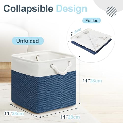 Posprica 11×11×11 Storage Cubes, Collapsible Storage Bins Organizer for Closet, Fabric Storage Box with Cotton Rope Handles, Decorative Storage Baskets for Shelves, set of 6 - White/Blue - Image 2