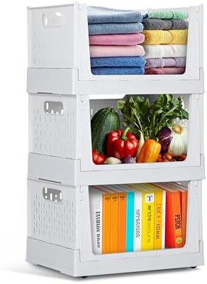 Skywin Foldable Stackable Storage Bins with Wheels, 3 Pack - Ivory by Skywin