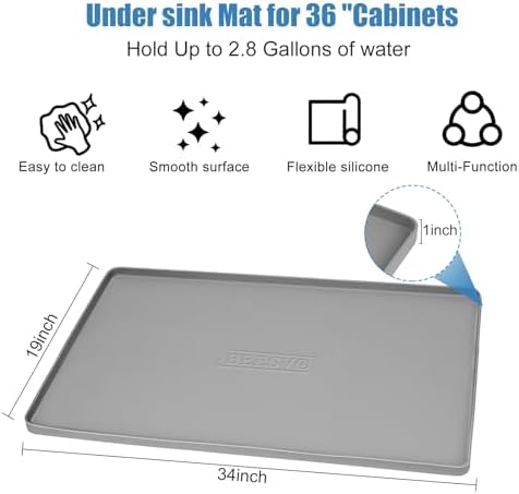 BEESVO Under Sink Mat for Kitchen Waterproof, 34" x 19" Silicone Under Sink Liner Kitchen & Bathroom Cabinet Protector Mats, Heavy Duty Flexible Under Sink Drip Tray with Lip, Cool Grey - Image 3