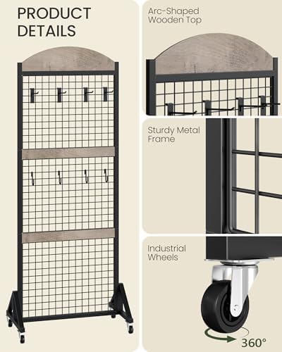 2 Packs Grid Wall Panel 5.7' x 2' FT Grid Display Rack with Wheels, Movable Gridwall Display Stand with 8 S-Shaped Hooks and 8 Garment Hooks, Floorstanding Wire Grid Rack, Greige and Black TCJ17P2BG - Image 5