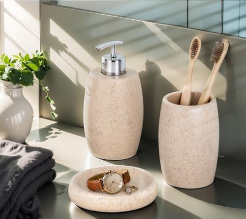 Clasin Home Beige Bathroom Accessories Set 3 PC, Resin Sandstone Look Soap Dispenser, Toothbrush Cup, Soap Dish, Bathroom Soap Dispenser Set for Home Decor and Kitchen - Image 3