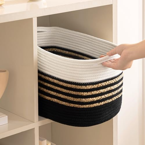 UBBCARE 4 Pack Baskets for Organizing, Woven Storage Baskets for Toys and Towel, Rectangle Cotton Rope Basket with Handles, 14''L x 8''W x9''H, Black - Image 7