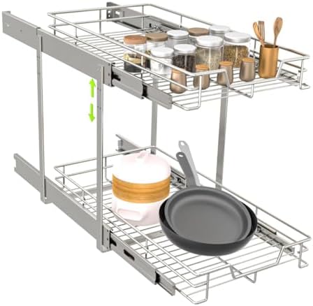 EZKAZA Pull Out Cabinet Organizer 7.5" W x 21" D, 2-Tier Kitchen Cabinet Pullout Shelf and Drawer Organizer Slide Out Pantry Storage Basket, 6.2" W x 21" D x 2.4" H for Bottom Basket Size by Unknown