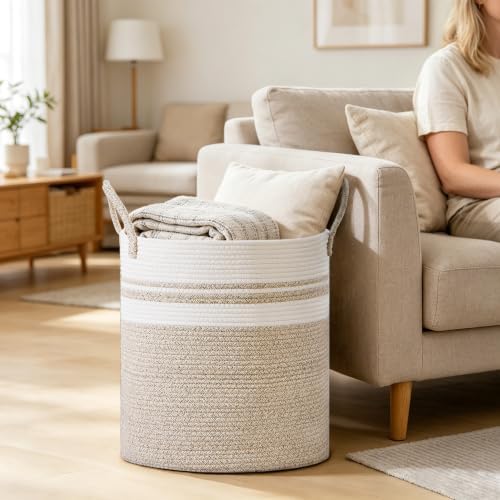 72L Large Tall Cotton Rope Laundry Basket with Handles, White & Brown - Image 6
