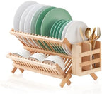 Bamboo Dish Drying Rack, 2 Tier Collapsible Dish Rack with Utensil Holder, Wooden Dish Drying Rack for Kitchen Counter, Large Folding Drying Holder, Dish Drainer 34 pcs Grid by Worthyeah