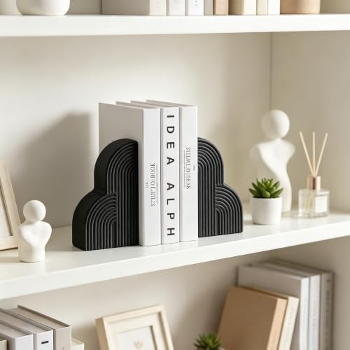 Matte Textured Arch Ceramic Bookends Pair,Heavy Duty Decorative Book Holders,Textured Layered Arch Sculpture Book Stoppers for Shelf Tabletop, Minimalist Modern Home Decor Gift for Book Lovers（Black） - Image 6