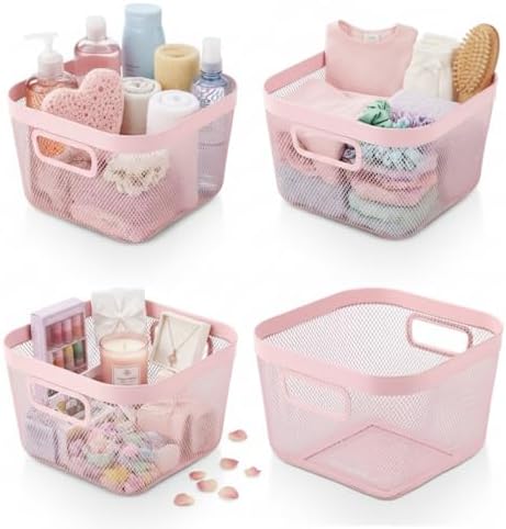 MorningRo 4 Pack Pink Metal Mesh Basket with Handles, Medium by MorningRo