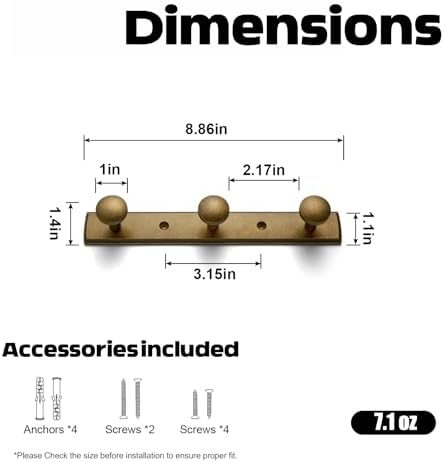 Goo-Ki Antique Brass Coat Rack Wall Mount, Heavy Duty Zinc Wall Mounted Coat Hooks with Escutcheon Backplate, Vintage Hat and Towel Hanger Rail for Entryway, Bathroom and Mudroom (3 Hooks) - Image 2
