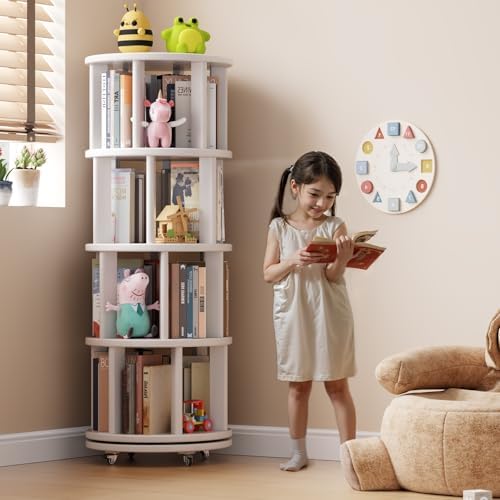 Muwuele 4 Tier Solid Wood Rotating Bookshelf Tower on Wheels, White - Image 3