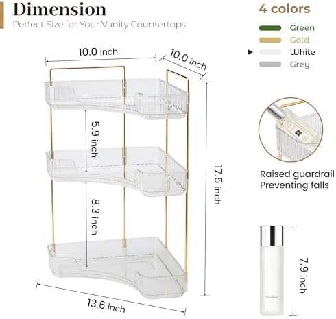 Aveniee Corner Bathroom Counter Organizer, Bathroom Countertop Shelf Makeup Storage, Clear Perfume Tray Holder (3 Tiers, White) - Image 3