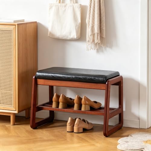 SOBIBO Solid Wood Shoe Bench, 2-Tier Wooden Entryway Bench, Modern Shoe Rack with Cushion for Hallway, Living Room (Black, 21.65'') - Image 6