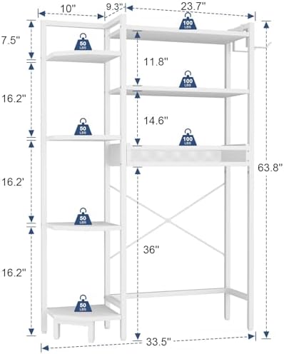 K1 Heavy Duty 7-Tier Over The Toilet Storage（With Basket and Paper Hook）Freestanding Above Toilet Shelf with Adjustable Feet，Space Saver Bathroom Shelves 9.3"D x 33.5"W x 63.8"H，Beige White - Image 3
